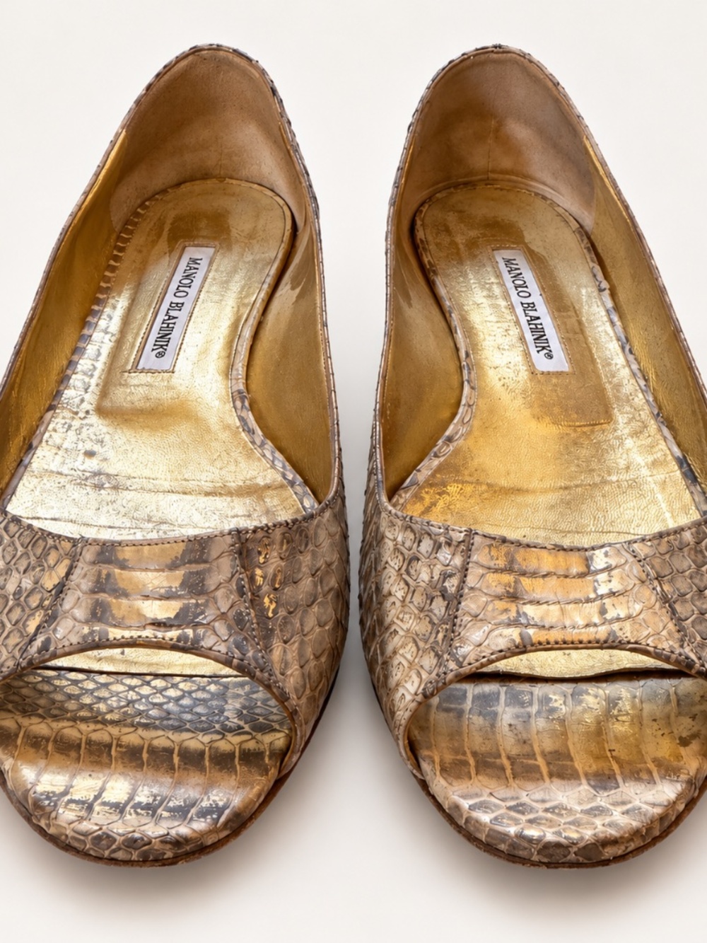 Manolo Blahnik Ankssa Gold Watersnake Leather Peep-Toe Flats 9.5B